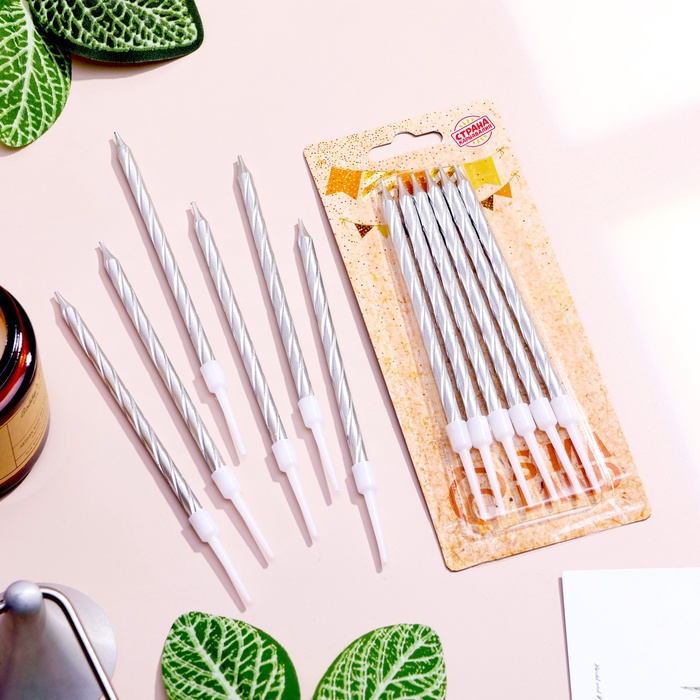 Свечи в торт «Металлик» , 6 шт, серебристые